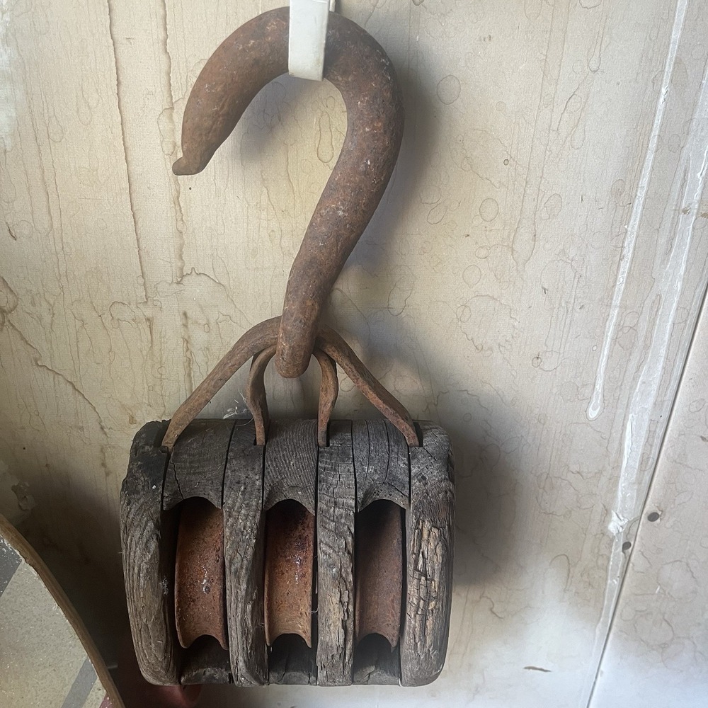 Vintage Industrial Triple Sheave Wooden Pulley